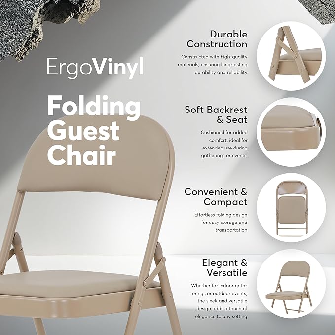 Oline Vinyl Folding Chairs, Padded Vinyl Cushion Chairs with Durable Metal Frame, Indoor Outdoor Stackable Foldable Guest Chairs for Office Wedding Kitchen Dining, 300lb Capacity (Khaki, 4 Pack)