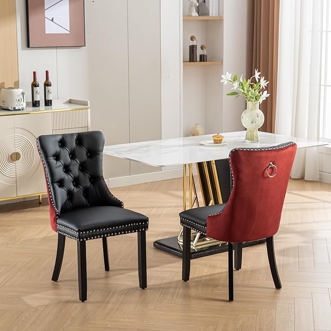 YeahFurn Modern Dining Chairs Set of 4, Tufted Upholstered Dining Room Chairs with Nailhead, PU Leather Front & Velvet Back, Solid Wood Legs, Kitchen Chairs, Sillas de Comedor (Black & Burgundy)