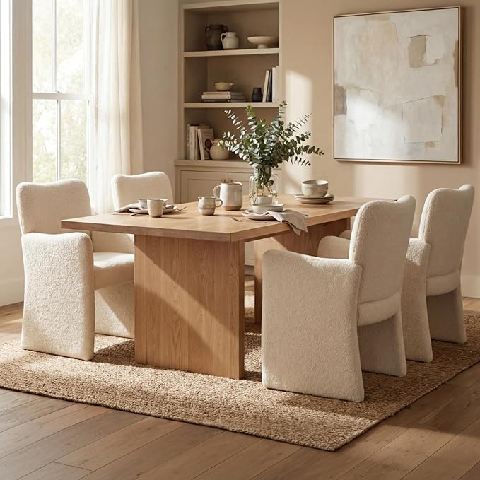 CIMOTA Boucle Dining Chairs Set of 2, Sherpa Upholstered Accent Chairs with Arms/Wood Legs, Comfortable Kitchen Chairs for Living/Reception/Dining Room, Beige