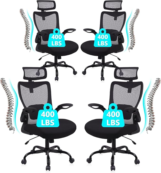 CLATINA Heavy Duty Ergonomic Mesh Office Chair 400LBS, Big and Tall Desk Chair with Adjustable Lumbar Support & Headrest, Flip Up Padded Arms, Swivel Computer Chair for Home, Conference, Black, 4 PACK