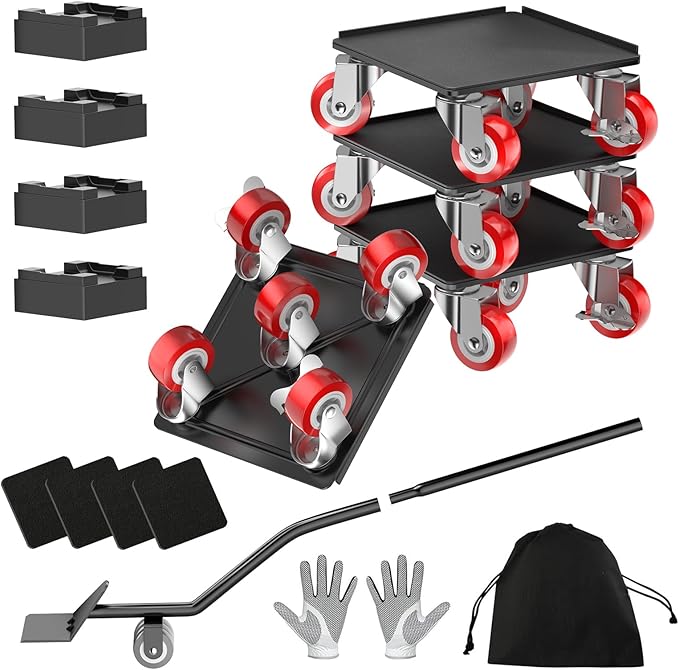 LOYAL TIGER Heavy Duty 1500LBS Furniture Dolly & Movers with 5X 360° Wheels - Carbon Steel Panel & Non-Slip Casters, Includes Lifter Jacks, Gliders for Sofa, Refrigerator (5.4 Inch, Red)