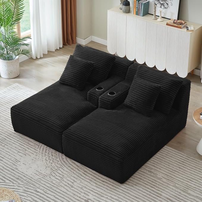 71" Oversized Double Chaise Lounge Sofa Indoor Boneless Sleeper Daybed, Fluffy Corduroy Upholstered Compressed Cloud Couch Loveseat Sofabed, Floor Chair w/Cupholders, Side Pockets for Living Room