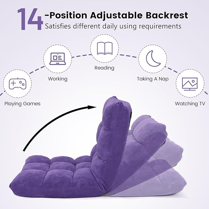 Floor Chair with Back Support, Foldling Gaming Sofa Chair with Comfy Cushion, Adjustable 14-Position Meditation Chairs, Lazy Lounge Recliner Reading Seat for Adults, Kids (Purple)