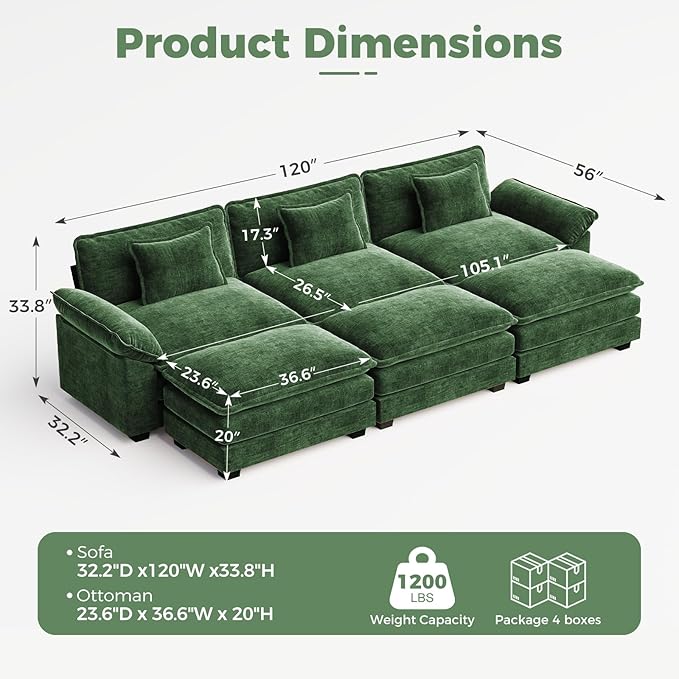 CDCASA 120" Oversized Modular Sectional Sofa Bed, Comfy Cloud Couch w/ 3 Movable Ottoman, 6-Seater Chenille Deep Seat Sofa Bed Modern Sofa Couch for Living Room, DIY Combination, Green