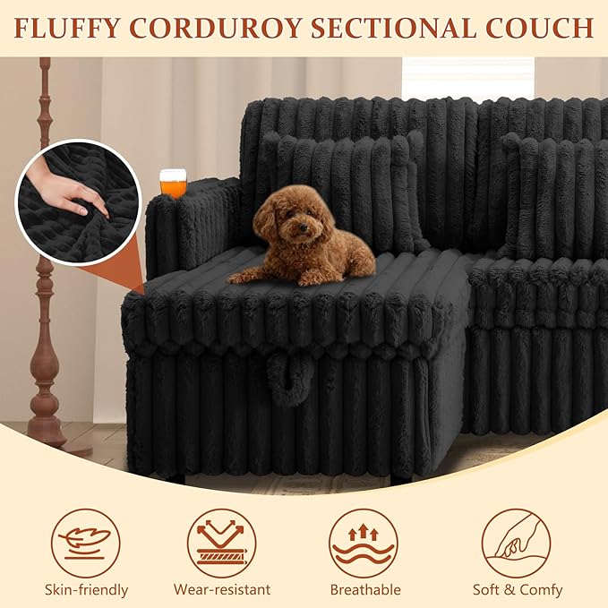 107" Sectional Sleeper Sofa with Pull Out Bed, Comfy Fluffy Plush Corduroy Cloud Sectional Couches for Living Room, U Shaped Modular Couch with Storage Chaise, Cup Holder & USB Charger, Black