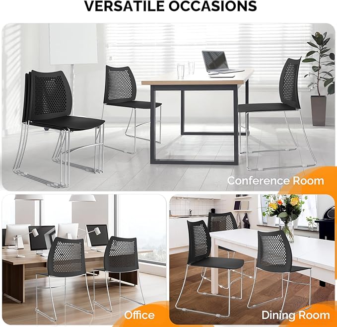 VINGLI Stacking Chairs Set of 20 Stackable Office Chairs with Metal Sled Base, Ergonomic Plastic Seat & Holes Back, Stacking Chairs for Waiting Room Break Room Banquet Guest, Black