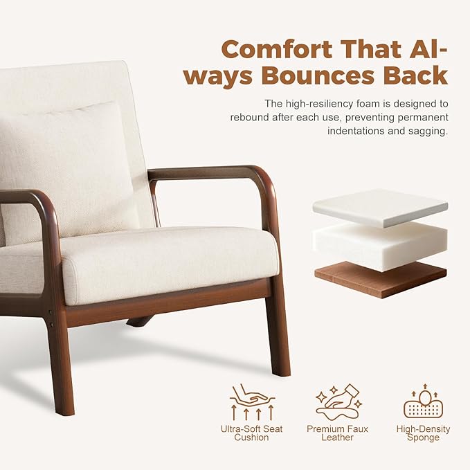 ELUCHANG Mid-Century Modern Chair,Accent Chair with Lumbar Pillow,Upholstered Armchair,Linen Fabric Comfy Reading Chair Beige, Linen, Set of 1