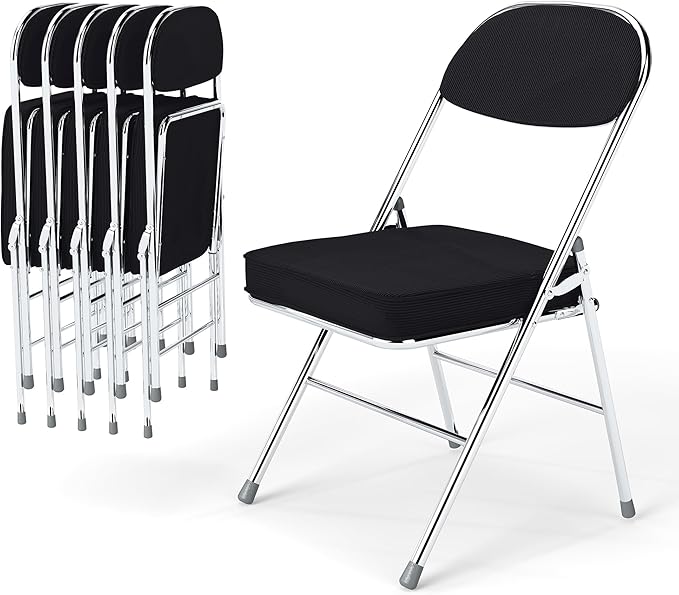 Real Relax Folding Chairs with Padded Thick Seat, Durable Corduroy Fabric, Portable Stackable Commercial Folding Office Chair with Steel Frame for Events Office Wedding Party,650LB,6 Pack,Black