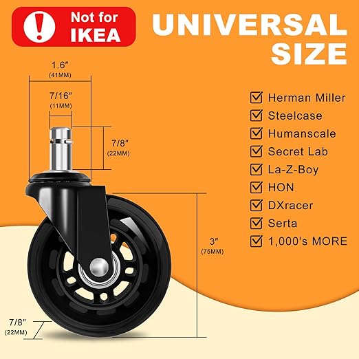FreekyFit Office Chair Wheels for Casters Replacement - 3" Rubber Wheels for Computer Gaming Desk Caster Smooth & Safe Rolling for All Floors Including Hardwood and Carpet - Set of 5 - Black
