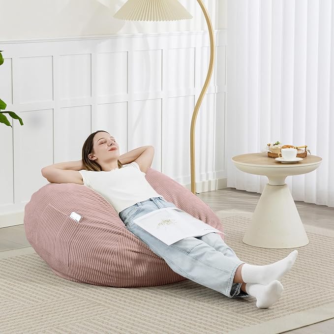Bean Bag Chair with Corduroy Cover and Memory Foam Filled for Adults and Teens, Comfy Fluffy Floor Chair for Living Room Bedroom (Pink, 3FT)