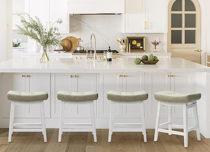 RNKSFX Counter Height Bar Stools Set of 4 for Kitchen Counter Farmhouse Modern Barstools with Faux Leather Upholstered Backless Seat and Solid Wood Legs 24 inch Bar Chairs, Light Grey + White