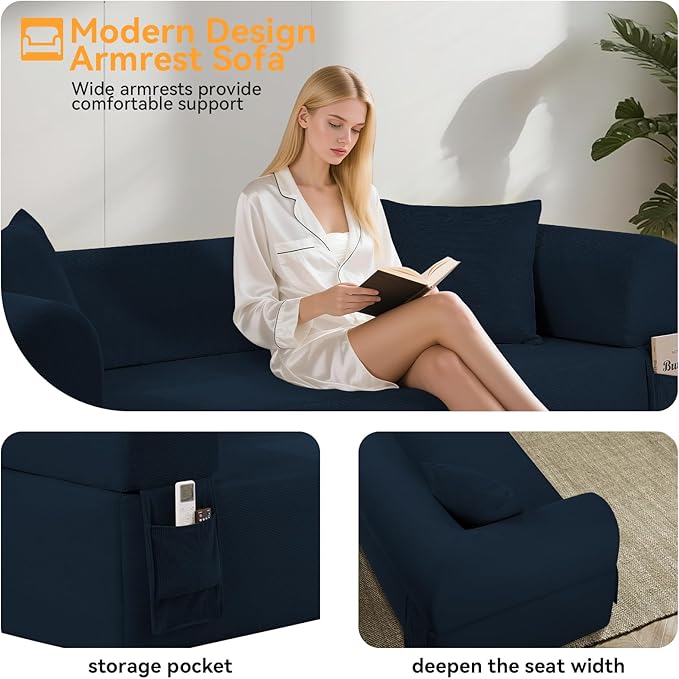 GJQ 3 Seater Couch, Corduroy Boneless Couches for Living Room,Compressed Cloud Sofa in a Box with 2 Pillows & Storage Bag,Memory Foam Floor Sofa with Armrests,No Assembly Required,Blue