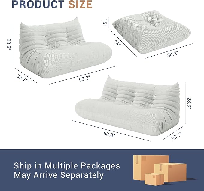 Fireside Chair Corner Bean Bag Chair for Adults, Modern Corduroy Fabric Caterpillar Sofa Couch, Lazy Floor Sofa Armless Foam Couch Lounger Tatami Recliner for Living Room Bedroom Dorm Office