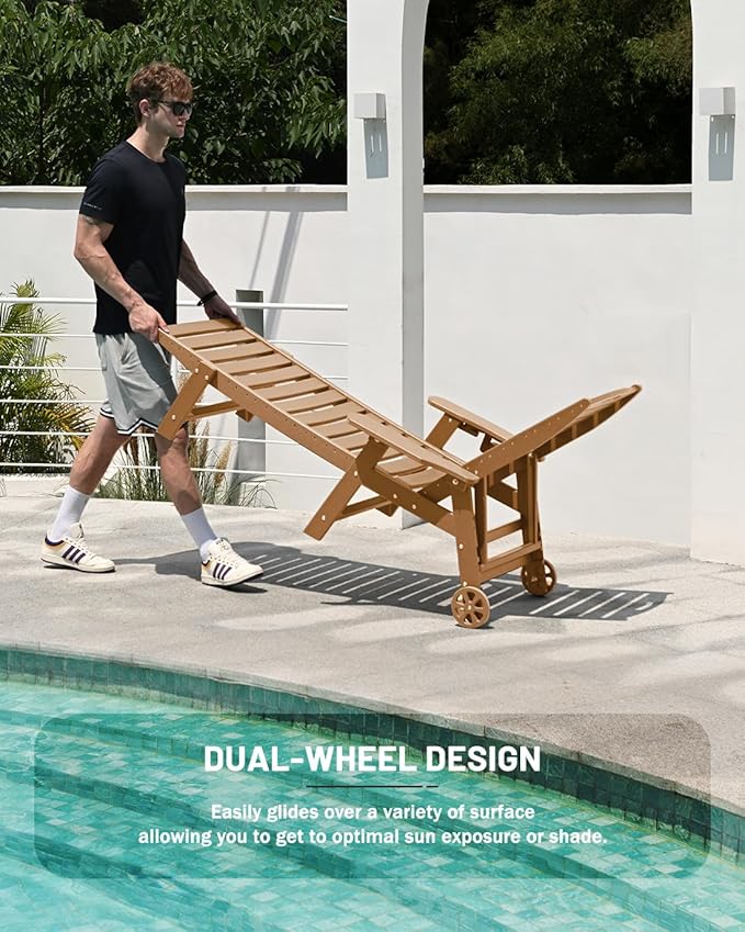 Lounge Chair Outdoor, Chaise Lounge Outdoor, HDPE 6-Position Lounge Chair for Outside, Patio Lounge Chair with Wheels & Cup Holder for Pool Poolside Deck Backyard, Teak