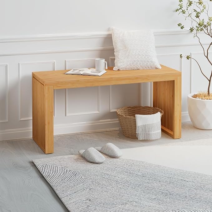 APRTAT Bamboo Dining Bench, 35 inch Farmhouse Decor Indoor Kitchen Table Bench, Entryway Shoe Rack Bench Solid Bamboo Benches for Living Room, Hallway, Bedroom, Bathroom (Nature, Long-Outdoor)