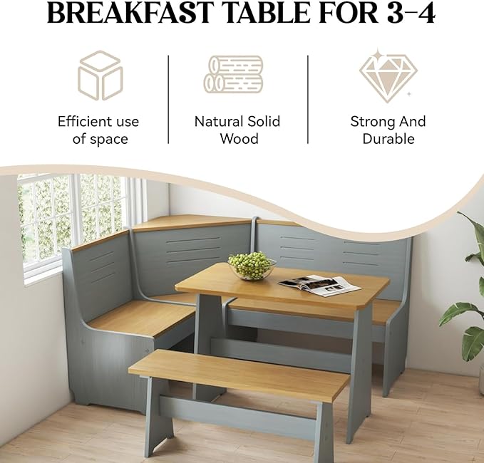 Breakfast Nook Corner Dining Table Kitchen Bench Chair Set, Space-Saving 3-5 People Seat Reversible L-Shape for Family Home Grey Wood