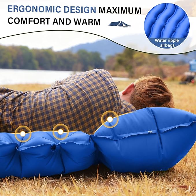 FUN PAC Camping Sleeping Pad, Ultralight Camping Pad with Pillow Built-in Foot Pump Inflatable Sleeping Mat Compact for Camping Backpacking Hiking Traveling - Blue