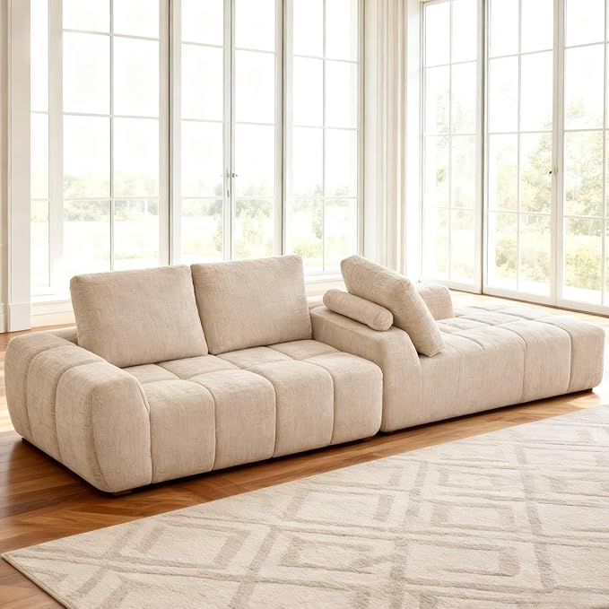 KEIKI Sectional Chenille Floor Sofa, Convertible L-Shaped Boneless Cloud Sleeper Couch with Chaise Lounge, Space Saving Modular Futon Couches Bed for Living Room Bedroom, No Assembly Required, Khaki