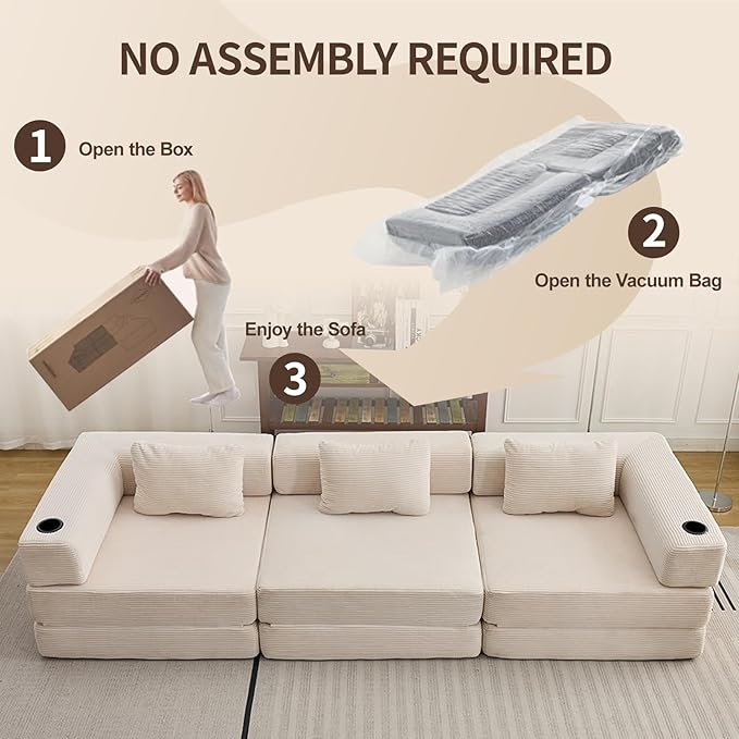 118" Oversized Convertible Floor Sofa Bed, Boneless Foldable Mattress Cloud Couch with Pillow Back & Armrest, Fold Out Floor Couch with Cup Holder for Living Room Bedroom Lounge, Corduroy, White