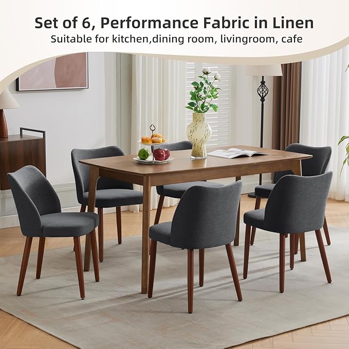 ElfinAura Dining Chair Set of 4, Linen Upholstered Dining Chair with Wood Legs, Wing Backrest, Wooden Kitchen Chair, Kitchen Chairs with Thick Cushions for Dining Room, Living Room, Dark Grey