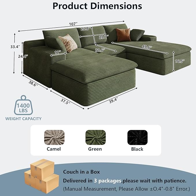 107" Cloud Sectional Couch with U-Shaped Chaise,Corduroy Viral Boneless Sofa with Ottoman,Memory Foam Couches in a Box with Deep Seat for Living Room,No Assembly Required (Green,Right-Facing Chaise)