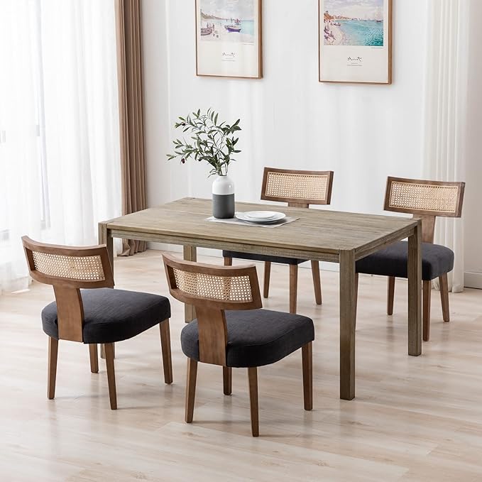 RIVOVA Rattan Dining Chairs Set of 2, Modern Fabric Upholstered Kitchen Chairs, Wooden Dining Room Chair Farmhouse Dinner Chair, Charcoal
