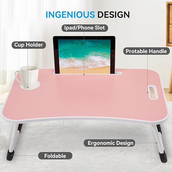 BUYIFY Folding Lap Desk, 23 Inch Portable Wood Blue Laptop Bed Desk Lap Desk with Cup Holder, for Working Reading Writing, Eating, Watching Movies for Bed Sofa Couch Floor -new008 Pink
