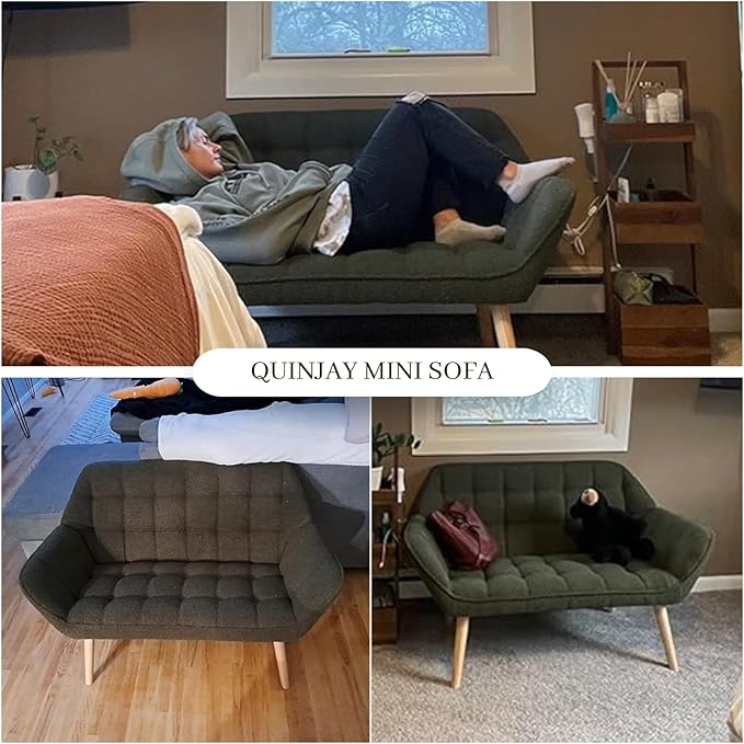 QUINJAY 48" Small Loveseat Sofa, Modern Sherpa Mini Sofa Couch 2-Seater Fluffy Love Seat with Quilting Backs and Wood Legs for Living Room, Bedroom and Small Space, Green