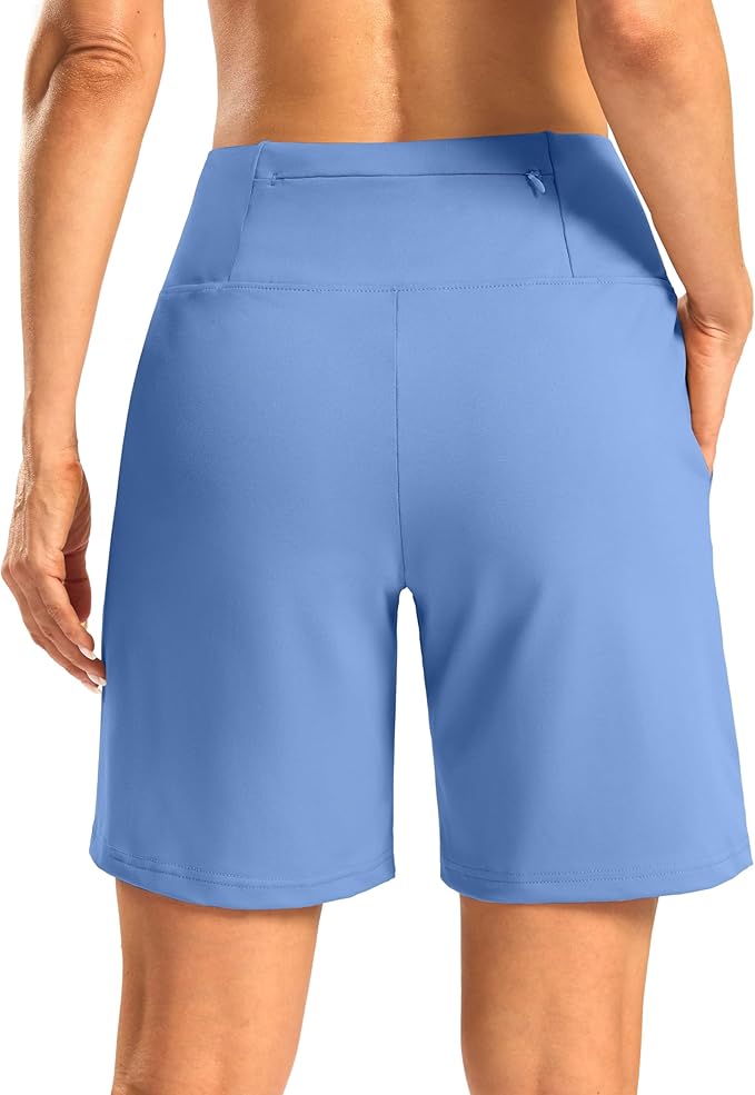 Women's Athletic Shorts with Zipper Pocket 7" High Waisted Stretchy Bermuda Shorts for Women Workout Running Casual