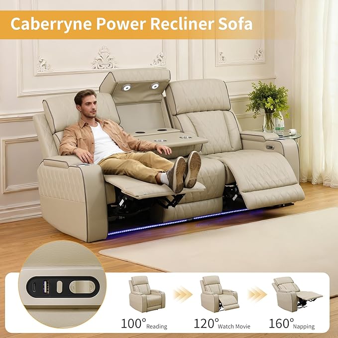 Caberryne Power Recliner Sofa with LED Lights,Leather Reclining Couch with Double Recliner/USB Port/Coffee Table/Cup Holder for House/Home Theater(3 Seater Sofa,Paddy)