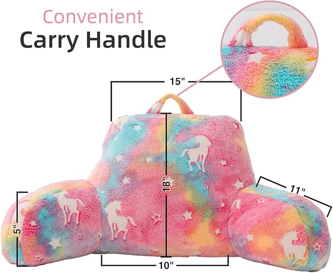 Holawakaka Glow in The Dark Unicorn Reading Pillow for Sitting up in Bed Sofa Kids Teens, Luminous Stars Backrest Pillow with Arms for Boys Girls, Back Support Cushion for Couch Floor Nursery Playroom