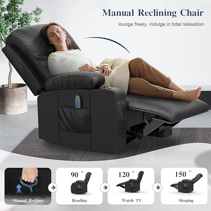 FURNIMAT Recliner Sofa Set with 3+1 Pieces in Living Room, 3 Seater Reclining Sofa with USB Ports, Cell Phone Holders, 1 Recliner Chair with Vibration Massage and Heat Single Sofa Seat, Bedroom, RV