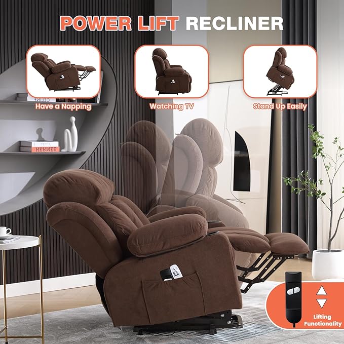 Power Lift Recliner Chair for Elderly with Vibration Massage and Lumbar Heating, Electric Lift Recliner Single Sofa with Side Pocket, Two Cup Holders and USB Charge Port for Living Room