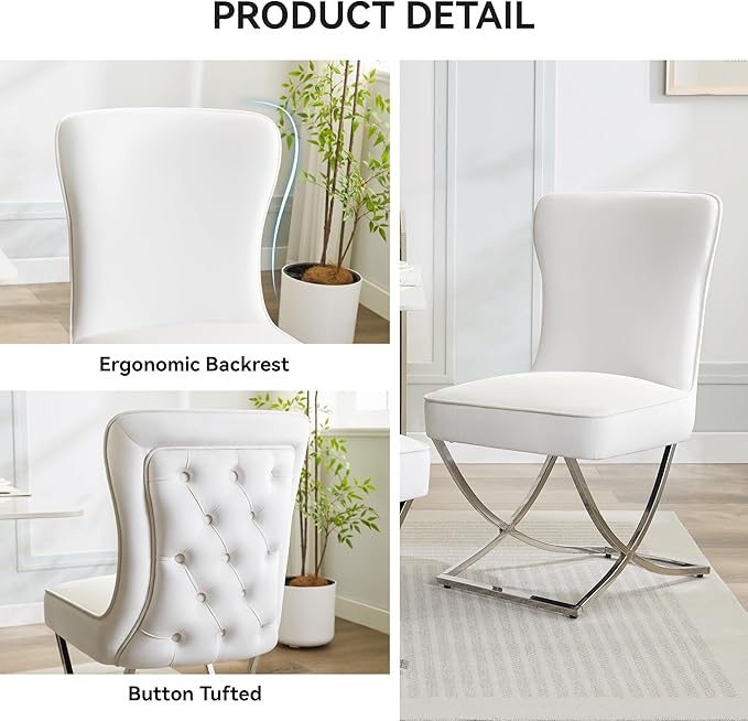 WUTUTUEE Luxury Velvet Dining Chairs, Tufted Upholstered Armless Accent Chairs with Silver Metal X-Legs, Modern Glam Dining Room Chair Set of 2, Beige