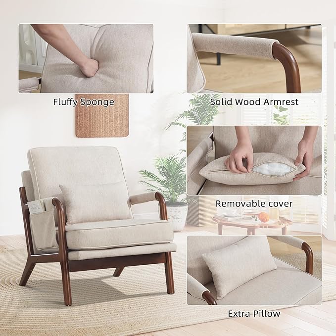 CANMOV Accent Chairs Set of 2, Mid Century Modern Chair with Extra Side Storage Pocket Upholstered Reading Armchair with Waist Cushion, Accent Chair for Living Room Bedroom, Easy Assembly, Beige