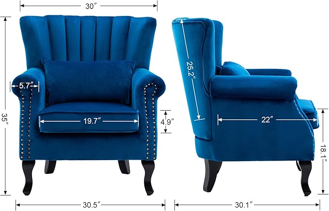 chairus Mid-Century Modern Accent Chairs Set of 2 Comfy Sofa Chairs Channel Back Armchairs with Small Pillow for Living Roon Bedroom Club - Velvet, Blue