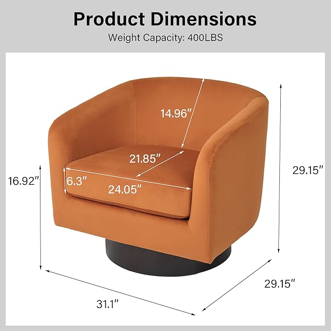 Swivel Barrel Chair, Modern Round PU Leather Accent Armchair for Living Room, Bedroom, Oversized Comfy Club Reading Chairs for Adults (Velvet Orange, Set of 2)