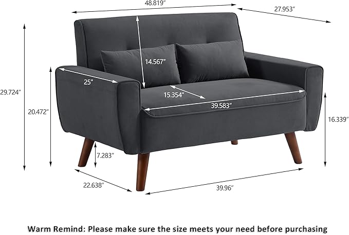 48" Loveseat Sofa, 2 Seater Love Seat Mid Century Modern Small Couches for Living Room Bedroom Apartment, 2 Throw Pillows and Plastic Legs, Dark Grey
