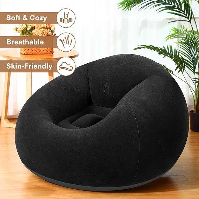 Realspring 9 Pcs Inflatable Bean Bag Chairs for Adults with Electric Air Pump, Blow up Couch Folding Portable Inflatable Couch Lazy Sofa for Outdoor Movie Nights Camping Room (Black)