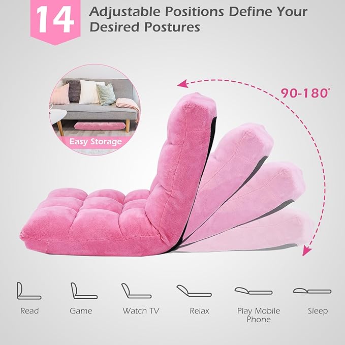 COSTWAY Floor Chair, Video Gaming Chairs with Back Support, Adjustable 14-Position, Alloy Steel Frame, Soft Coral Fleece, Lazy Sofa Lounge for Reading Living Room Recliner for Adults Kids, Pink