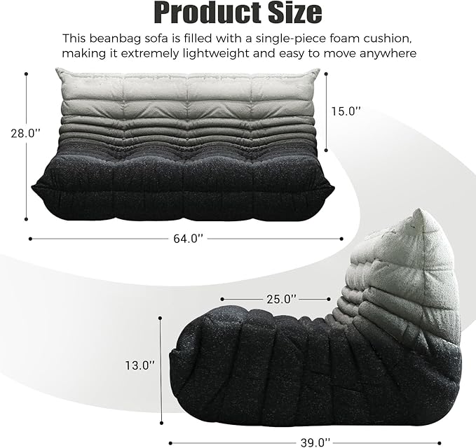 Selyteramy 3 Seat Oversized Bean Bag Chairs for Adults, Memory Foam Fireside Beanbag Couch, Comfy Bean Bag Lounger Lazy Sofa for Living Room, Bedroom, Playroom, White + Black