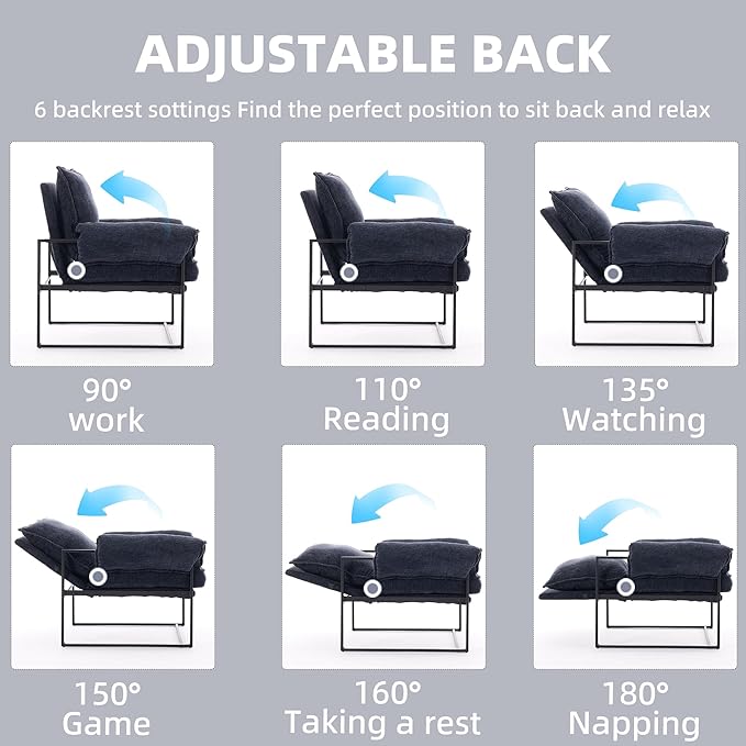 Xifan Modern Comfy Reclining Chair with 6 Angle Adjustable Backrest, Upholstered Accent Chair Fabric Living Room Lounge Chair for Reading Room - Dark Blue, Set of 2