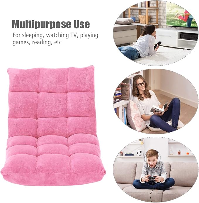GOFLAME 14-Position Folding Floor Chair, Padded Gaming Lazy Sofa Chair with Adjustable Backrest, Couch Recliner, Sleeper Bed Lounge Chair for Reading, Gaming, Meditating (Pink)