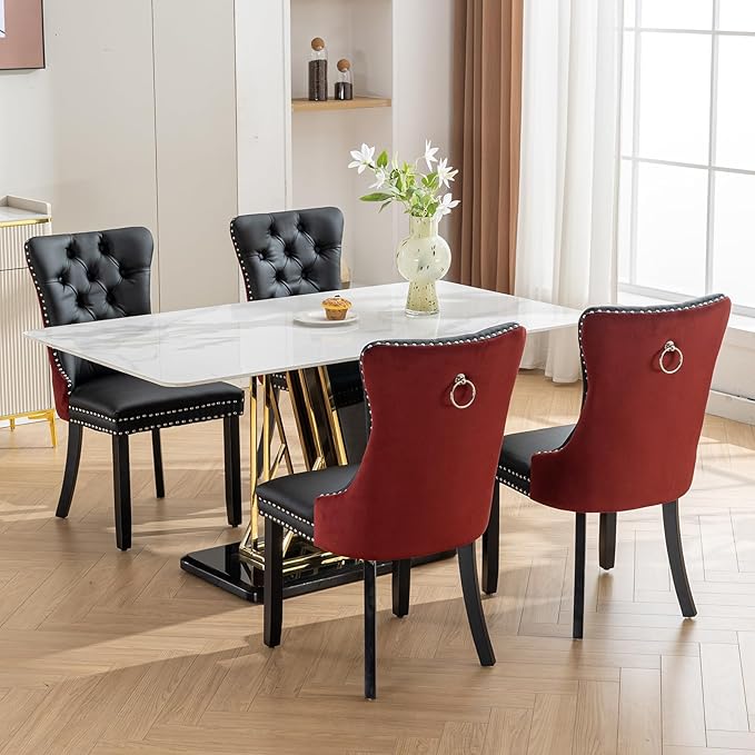 YeahFurn Modern Dining Chairs Set of 4, Tufted Upholstered Dining Room Chairs with Nailhead, PU Leather Front & Velvet Back, Solid Wood Legs, Kitchen Chairs, Sillas de Comedor (Black & Burgundy)