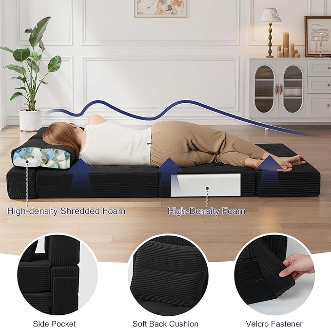 COMAX Folding Sofa Bed, Foldable Couch for Bedroom, Convertible Floor Sleeper Futon Chair Foam, Corduroy 3 in 1 Fold Out Chair Portable Comfy Lounge Couch Sofa Bed for Small Space, Twin, Black