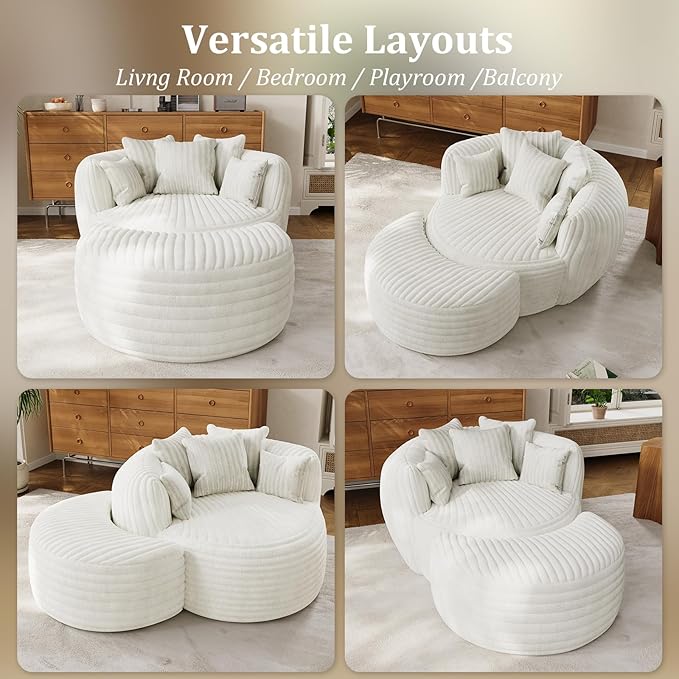 50" W Oversized Round Chaise Lounge Chair with Ottoman Indoor Boneless Plush Fluffy Corduroy Circle Couch Soft Comfy Cozy Cloud Reading Chair for Living Room, Playroom, Bedroom - Beige White