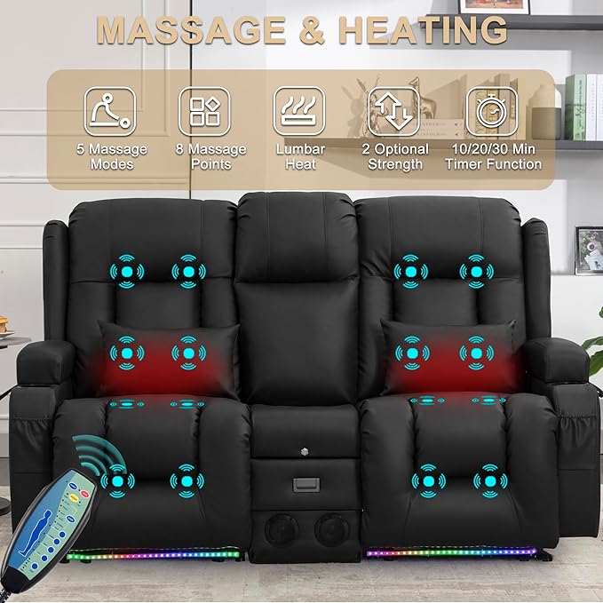 URRED Loveseat Recliner Sofa with Massage and Heat, Power Reclining Loveseat Sofa RV Couch with Console, Home Theater Seating with LED Lights, Bluetooth Speakers, USB, Outlets, Faux Leather, Black | Wall Hugger, Double Recliner, Zero Gravity, Full Body...
