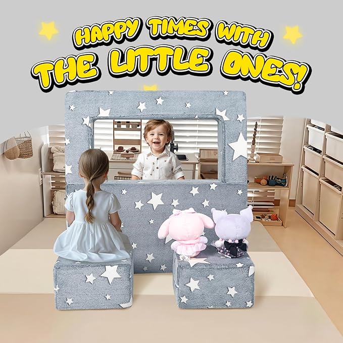 MeMoreCool Modular Kids Play Couch Sofa – Glow-in-The-Dark Star Design, Fold-Out Toddler Couch for Playroom Furniture, Grey