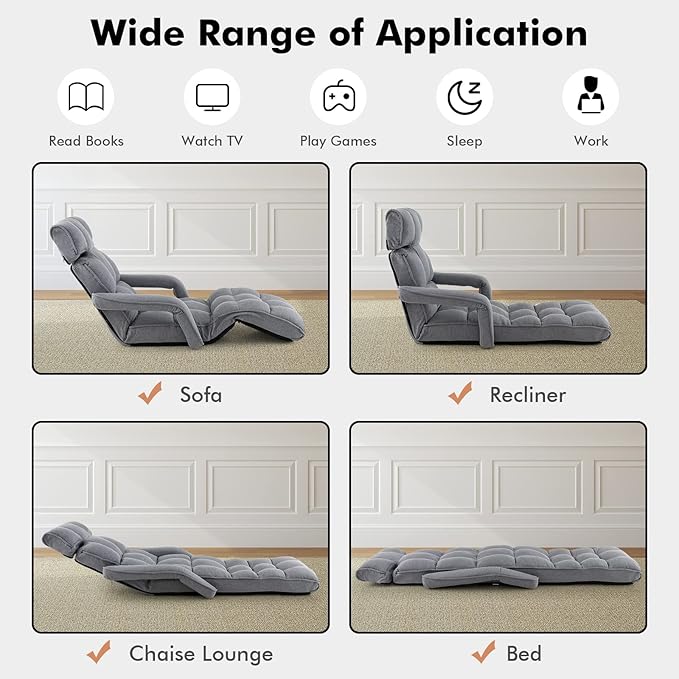 KOMFOTT Foldable Floor Lazy Sofa, Indoor Chaise Lounge Sofa with 6 Adjustable Positions, Folding Chair Bed with Adjustable Armrests, Backrest & Footrest, Ideal for Living Room, Bedroom (Grey)
