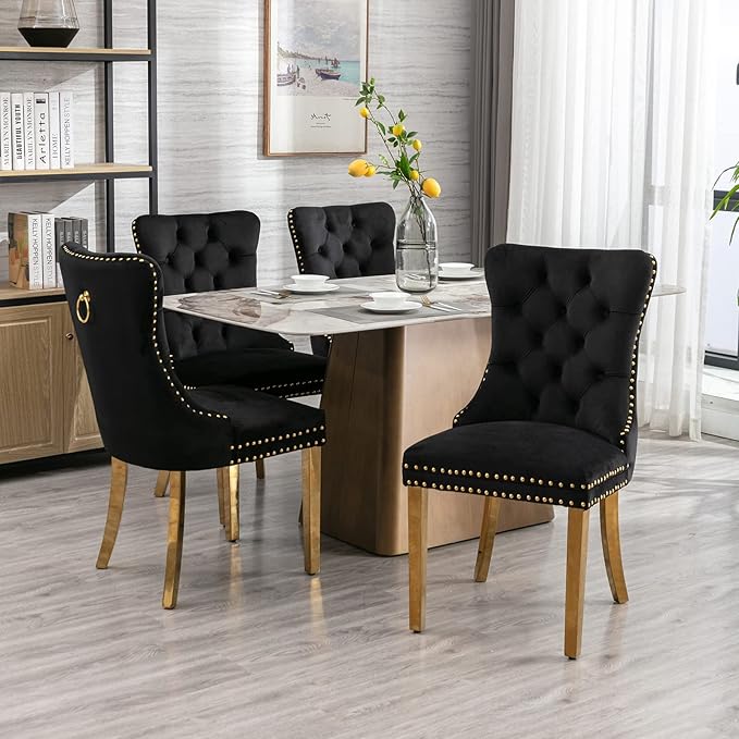 YeahFurn Mid Century Modern Dining Chairs Set of 4, Black Velvet Upholstered Tufted Back, Kitchen & Dining Room Chairs, Gold Metal Legs, Nailhead Trim, Sillas para Comedor (Black, 4 Pcs)